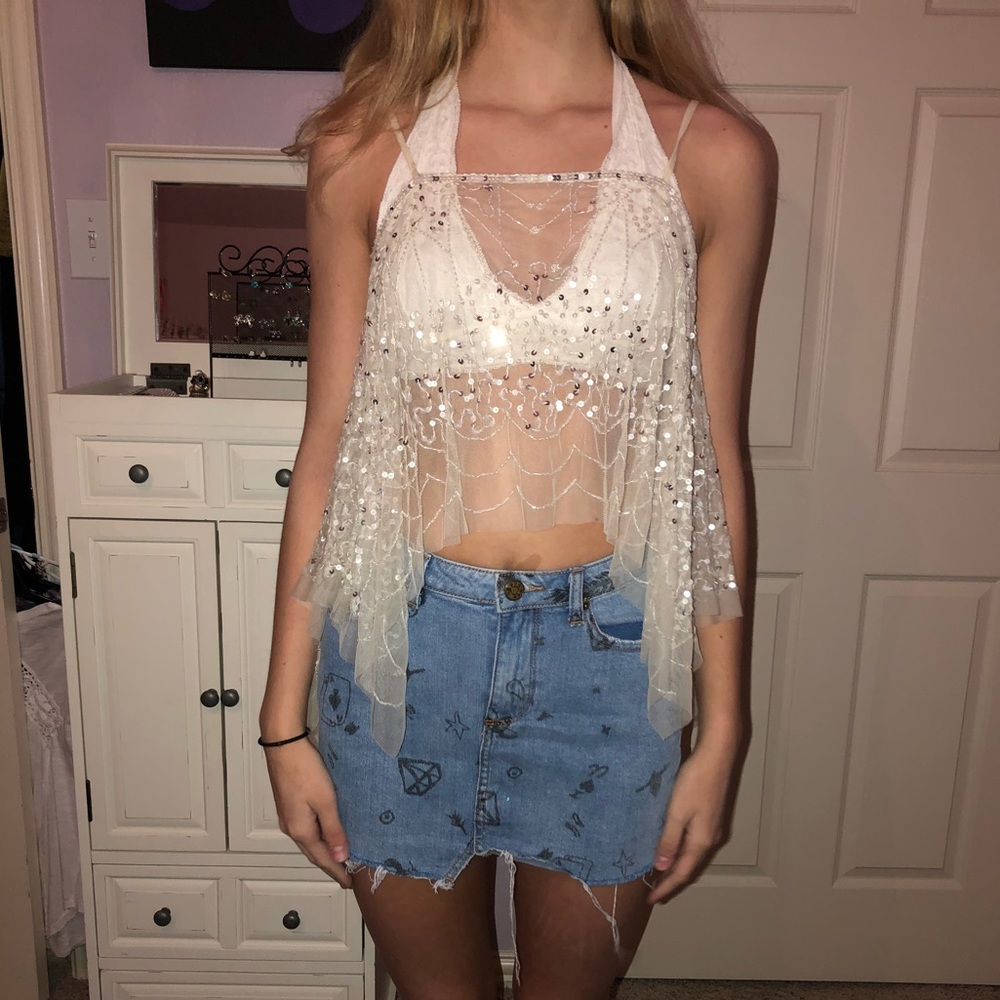 Sequin, Mesh Creme Tank
